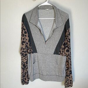 Gray Leopard Print Quarter-Zip Pullover